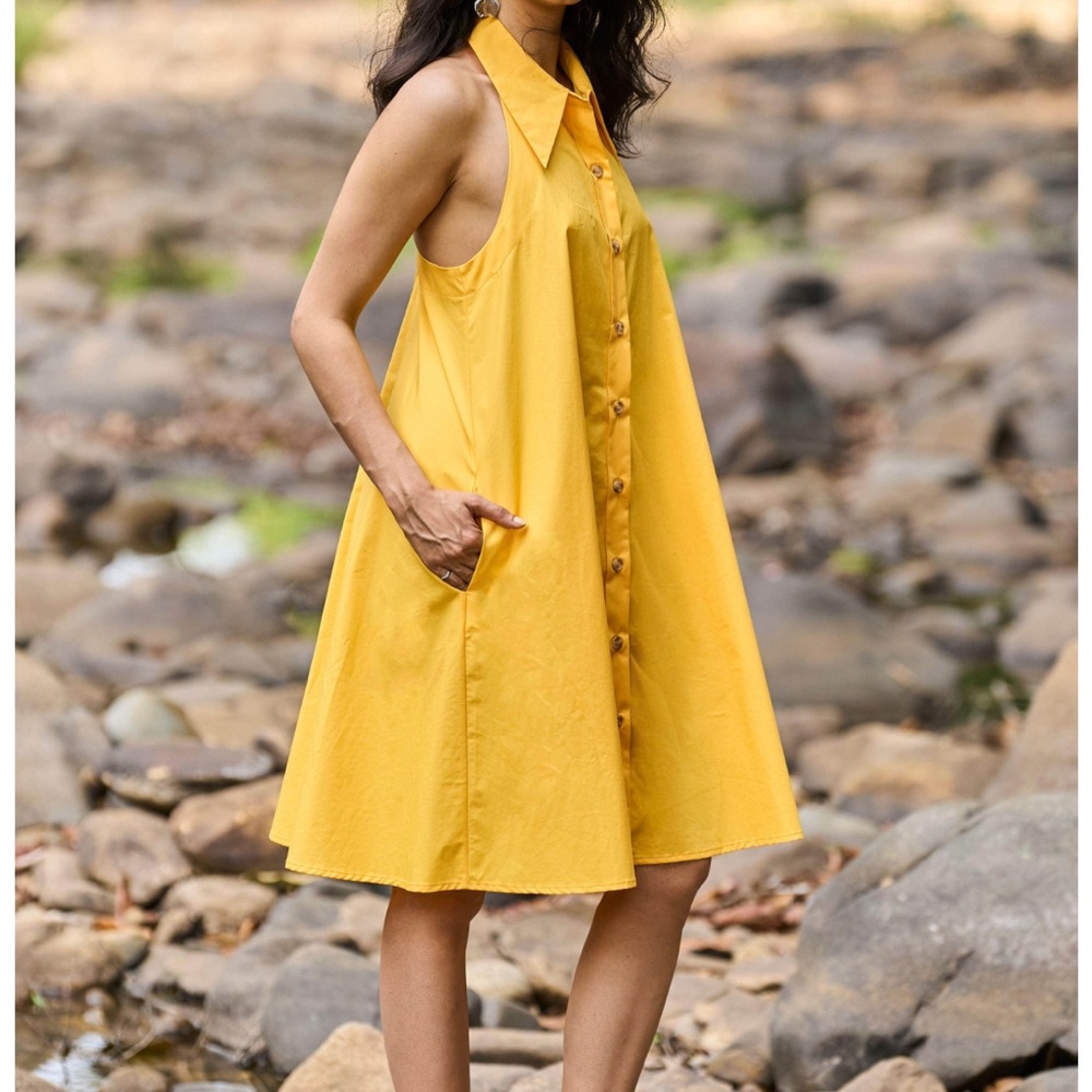 Sleeveless Mustard Yellow Button-Front Mini Dress - Picture 5 of 7
